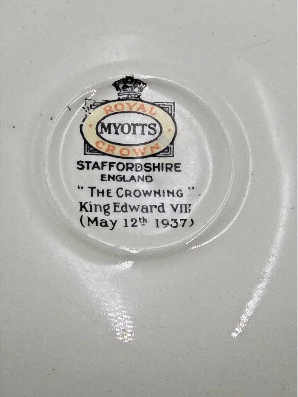 1937 Myott The Crowning Edward VIII Footed Cup Saucer Maroon Gold England